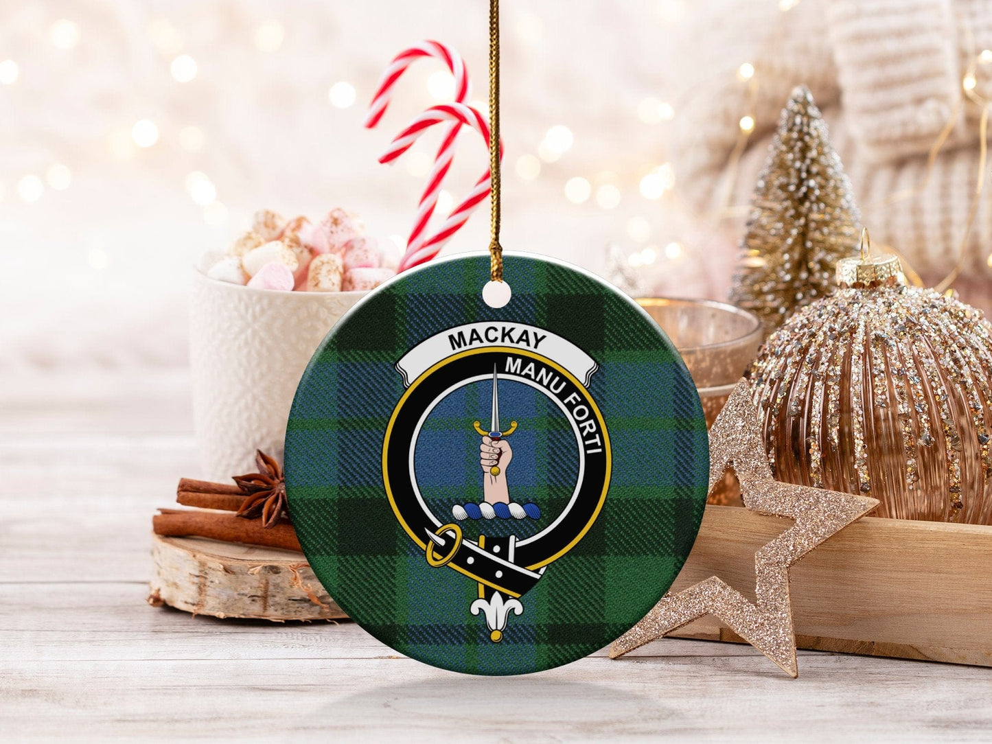 Physical Item 3" / White Mackay Clan Crest Christmas Ceramic Ornament Tartan Background Ornaments