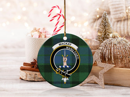 Physical Item 3" / White Mackay Clan Crest Christmas Ceramic Ornament Tartan Background Ornaments