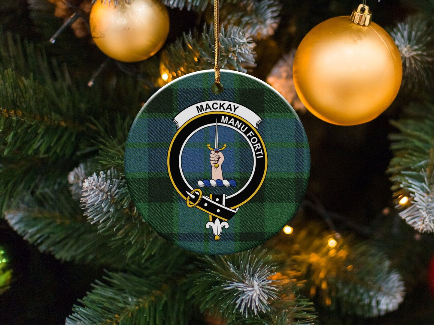 Physical Item 3" / White Mackay Clan Crest Christmas Ceramic Ornament Tartan Background Ornaments