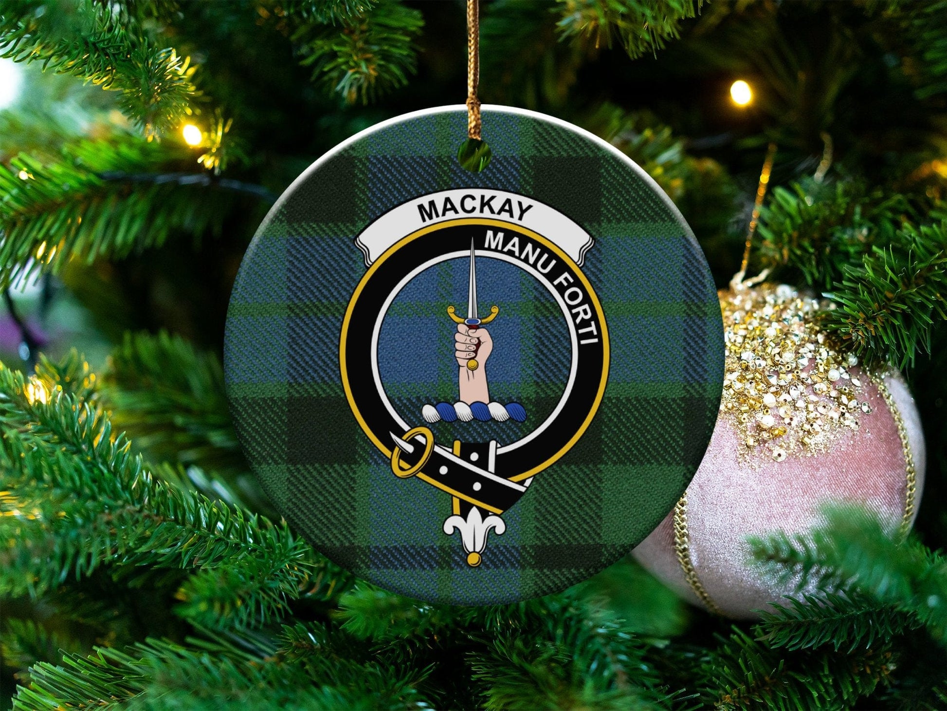 Physical Item 3" / White Mackay Clan Crest Christmas Ceramic Ornament Tartan Background Ornaments