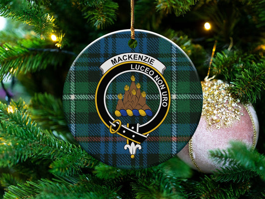 Physical Item 3" / White Mackenzie Clan Crest Christmas Ornaments on Tartan