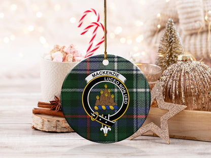 Physical Item 3" / White Mackenzie Clan Crest Christmas Tartan Background Ornaments