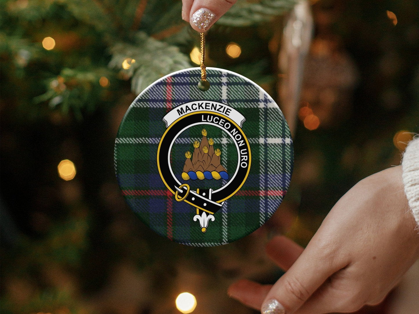 Physical Item 3" / White Mackenzie Clan Crest Christmas Tartan Background Ornaments