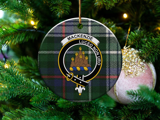 Physical Item 3" / White Mackenzie Clan Crest Christmas Tartan Background Ornaments