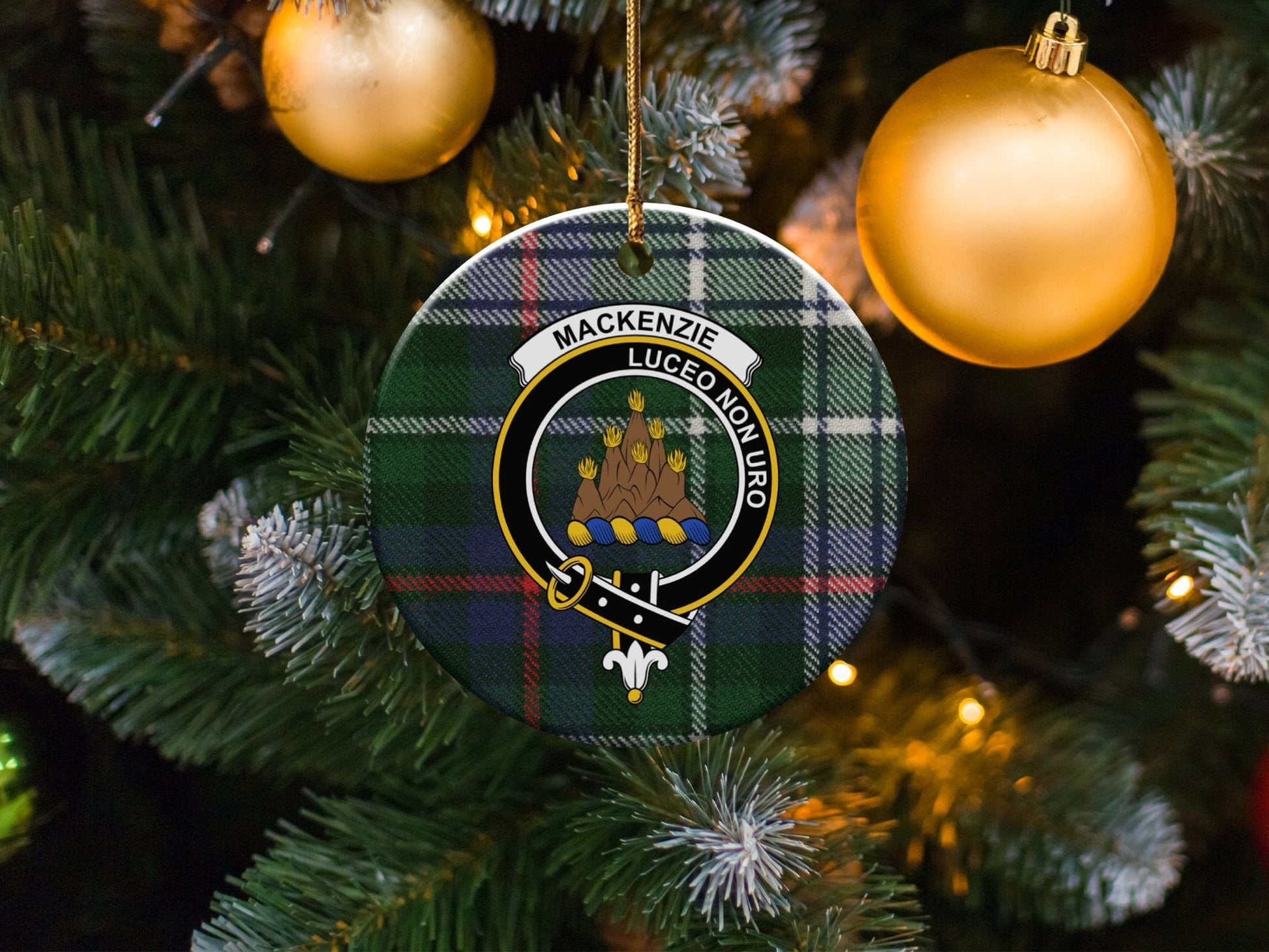 Physical Item 3" / White Mackenzie Clan Crest Christmas Tartan Background Ornaments