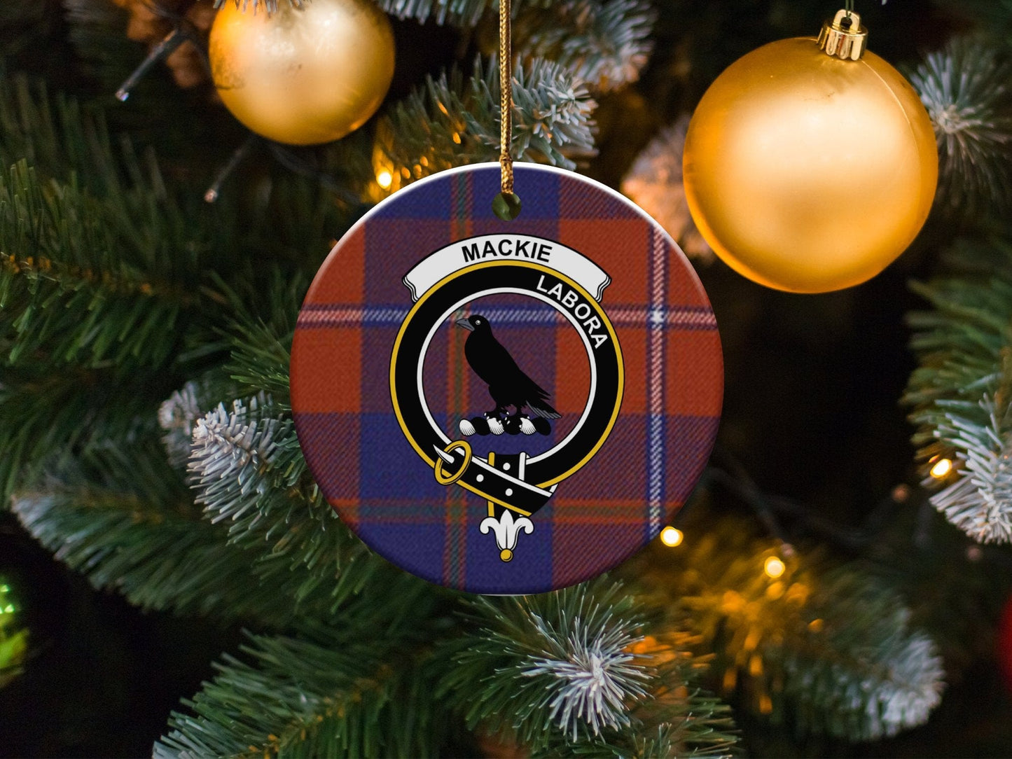 Physical Item 3" / White Mackie Scottish Clan Crest Christmas Tree Ornaments