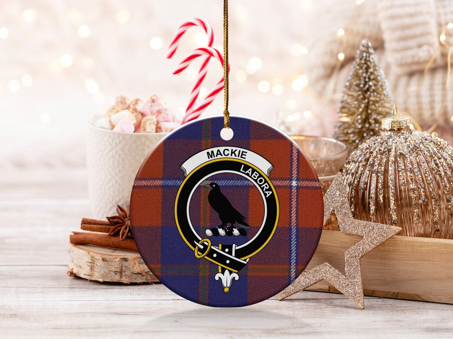 Physical Item 3" / White Mackie Scottish Clan Crest Christmas Tree Ornaments