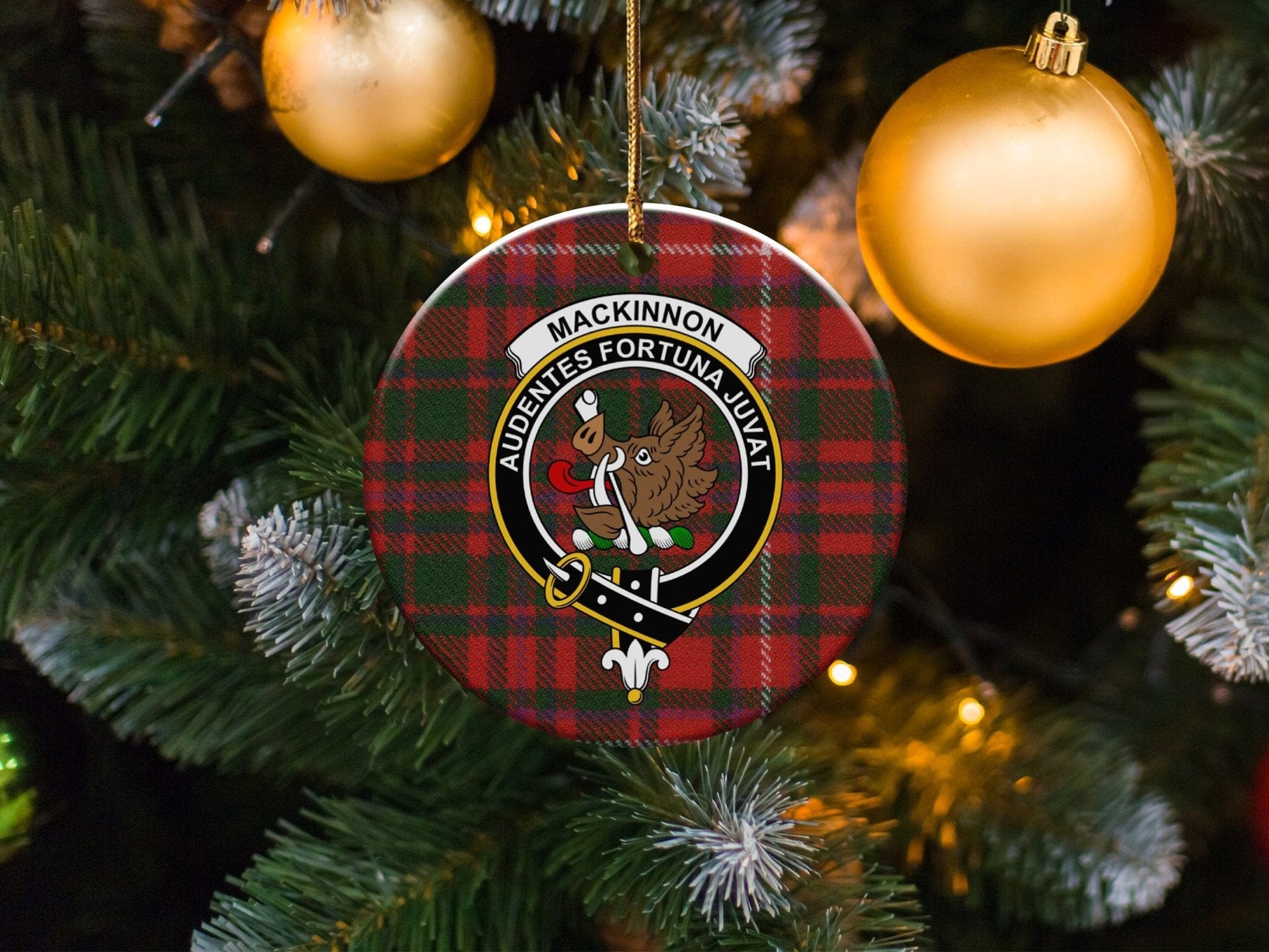 Physical Item 3" / White Mackinnon Clan Crest Tartan Background Christmas Ornaments