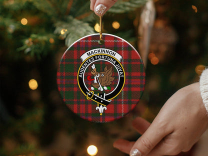 Physical Item 3" / White Mackinnon Clan Crest Tartan Background Christmas Ornaments