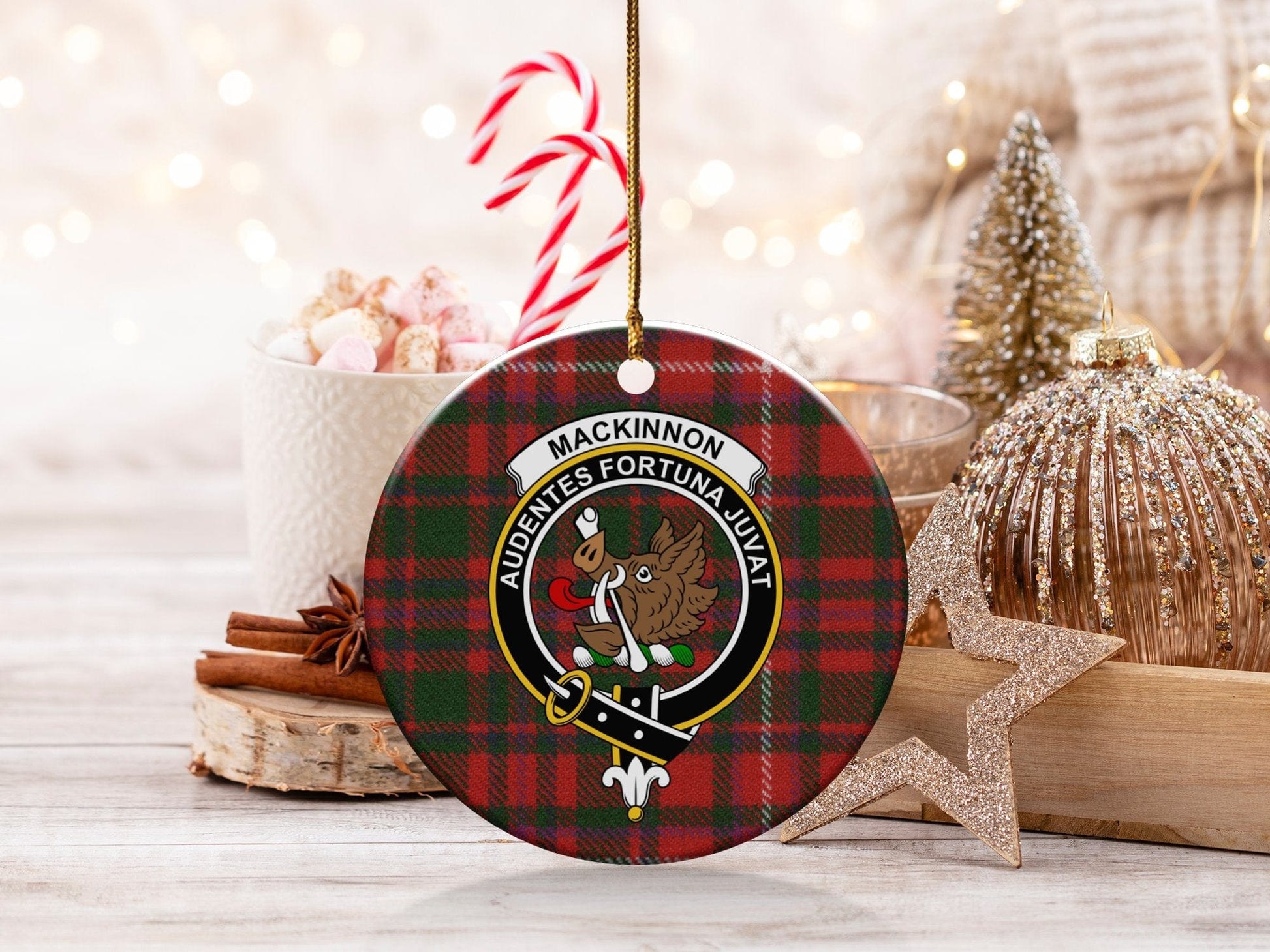 Physical Item 3" / White Mackinnon Clan Crest Tartan Background Christmas Ornaments