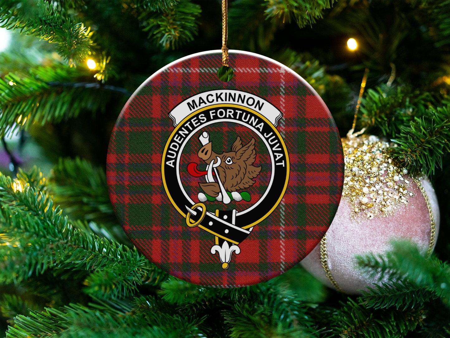 Physical Item 3" / White Mackinnon Clan Crest Tartan Background Christmas Ornaments