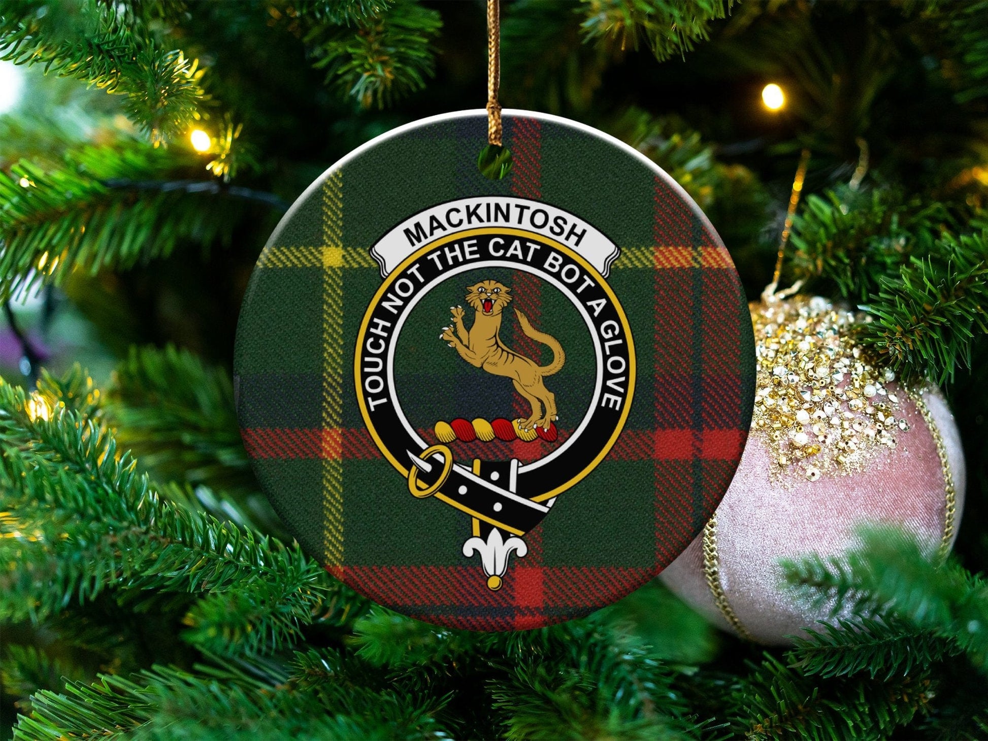 Physical Item 3" / White Mackintosh Clan Crest Ornament on Tartan Plaid Background