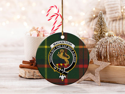 Physical Item 3" / White Mackintosh Clan Crest Ornament on Tartan Plaid Background