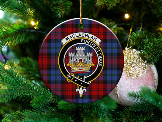 Physical Item 3" / White MacLachlan Clan Crest Christmas Tartan Background Ornaments