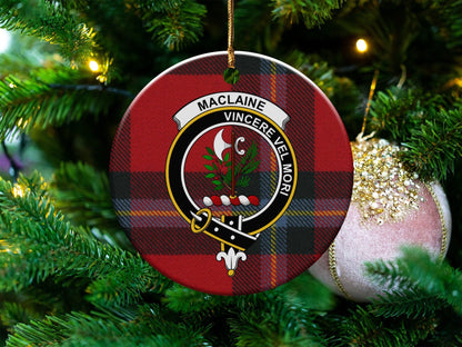 Physical Item 3" / White Maclaine Clan Crest Christmas Scottish Tartan Ornaments