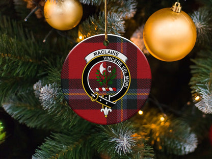 Physical Item 3" / White Maclaine Clan Crest Christmas Scottish Tartan Ornaments