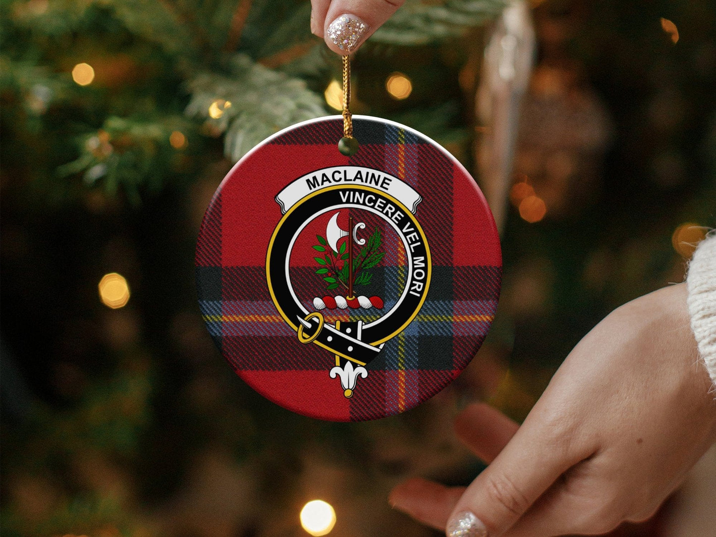 Physical Item 3" / White Maclaine Clan Crest Christmas Scottish Tartan Ornaments