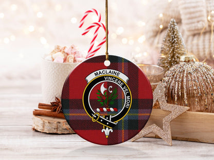 Physical Item 3" / White Maclaine Clan Crest Christmas Scottish Tartan Ornaments