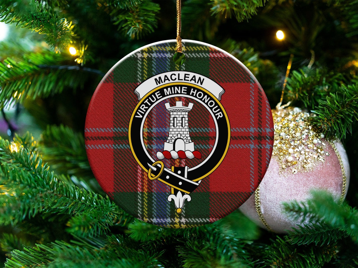 Physical Item 3" / White Maclean Clan Crest Christmas Ornaments on Tartan Background