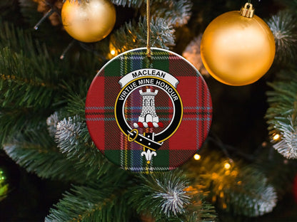 Physical Item 3" / White Maclean Clan Crest Christmas Ornaments on Tartan Background