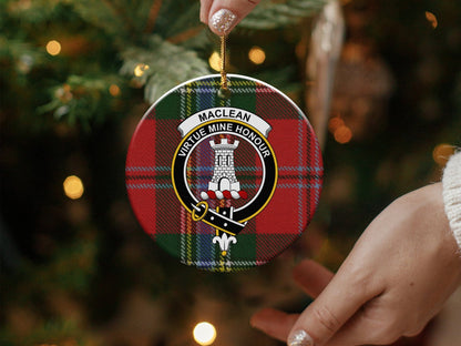 Physical Item 3" / White Maclean Clan Crest Christmas Ornaments on Tartan Background