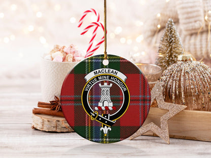 Physical Item 3" / White Maclean Clan Crest Christmas Ornaments on Tartan Background