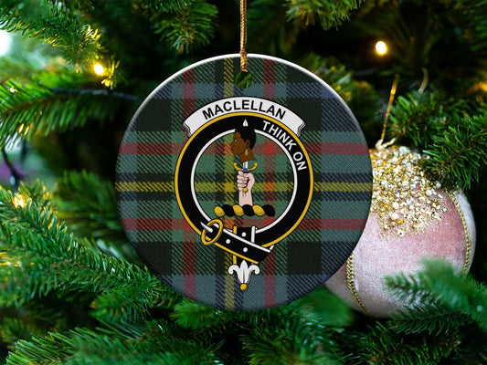 Physical Item 3" / White MacLellan Crest Christmas Ceramic Tartan Background Ornaments