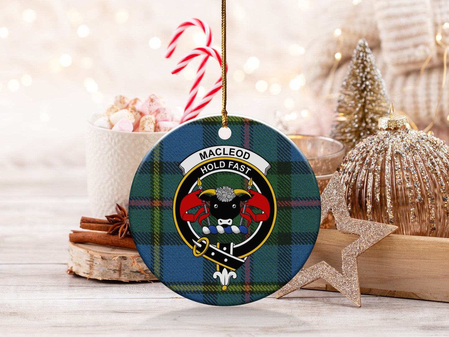 Physical Item 3" / White MacLeod Clan Crest Christmas Ornament