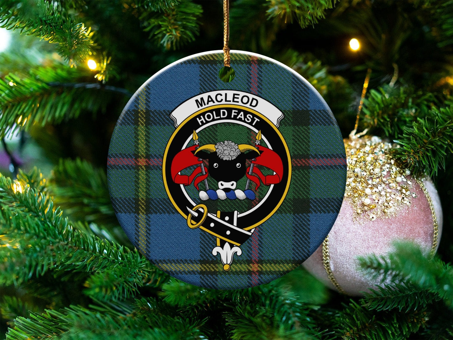 Physical Item 3" / White MacLeod Clan Crest Christmas Ornament