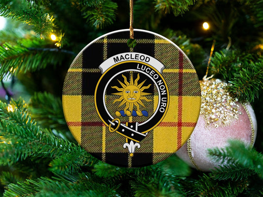 Physical Item 3" / White Macleod Crest Christmas Ceramic Tartan Ornament Ornaments