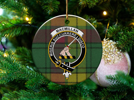 Physical Item 3" / White MacMillan Clan Crest Christmas Tartan Background Ornaments