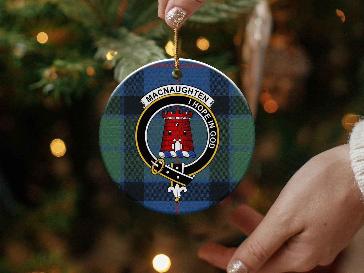 Physical Item 3" / White MacNaughten Clan Crest Christmas Tartan Ceramic Ornaments