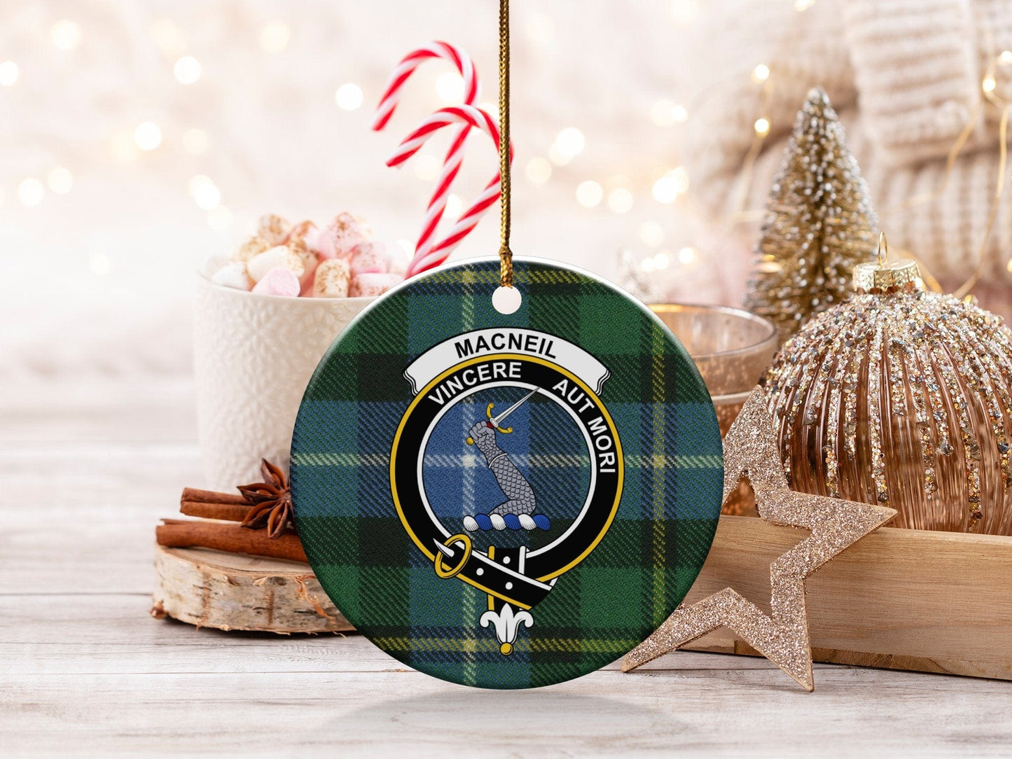 Physical Item 3" / White MacNeil Clan Crest Christmas Plaid Tartan Ceramic Ornaments