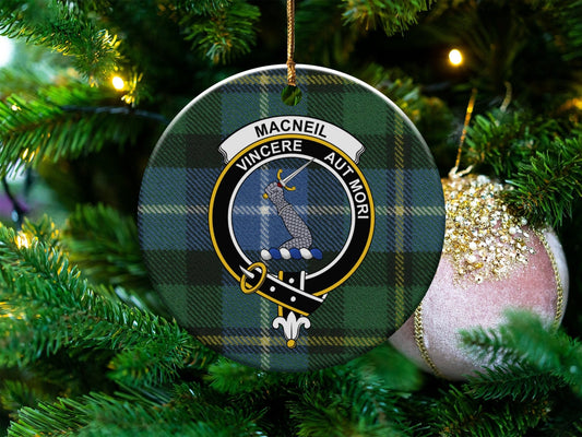 Physical Item 3" / White MacNeil Clan Crest Christmas Plaid Tartan Ceramic Ornaments