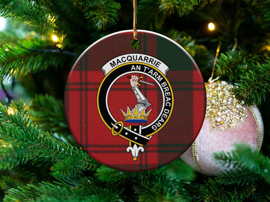 Physical Item 3" / White Macquarrie Clan Crest Christmas Ceramic Tartan Ornaments