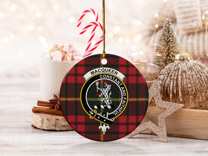 Physical Item 3" / White Macqueen Clan Crest Christmas Ornament on Tartan Background Ornaments