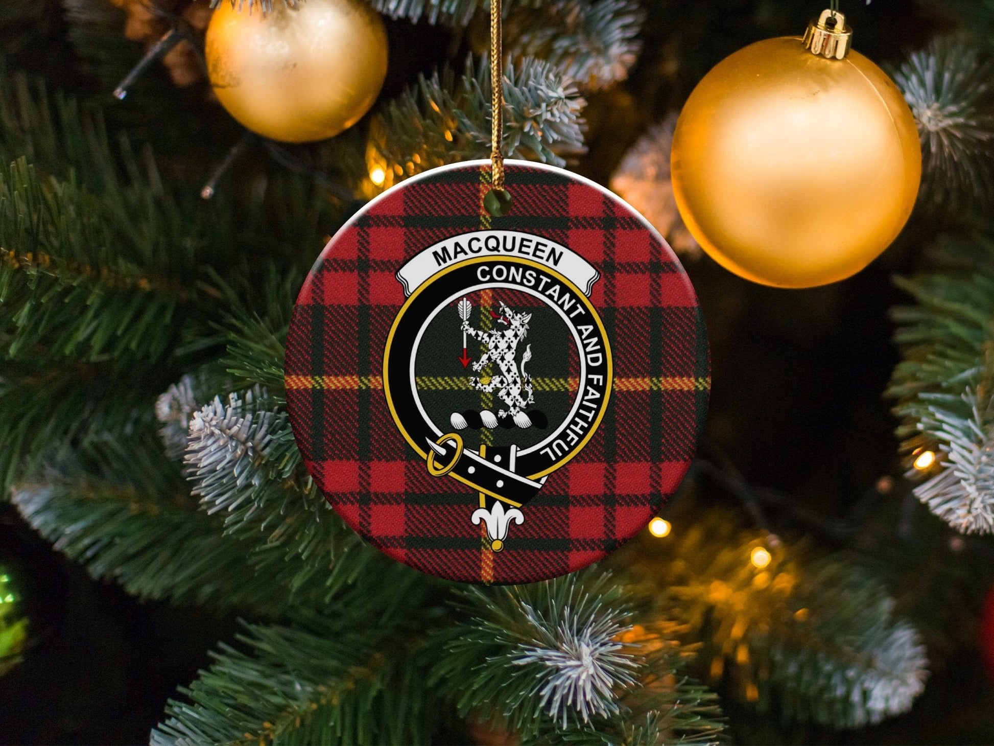 Physical Item 3" / White Macqueen Clan Crest Christmas Ornament on Tartan Background Ornaments