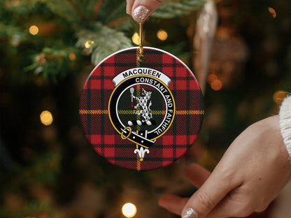 Physical Item 3" / White Macqueen Clan Crest Christmas Ornament on Tartan Background Ornaments