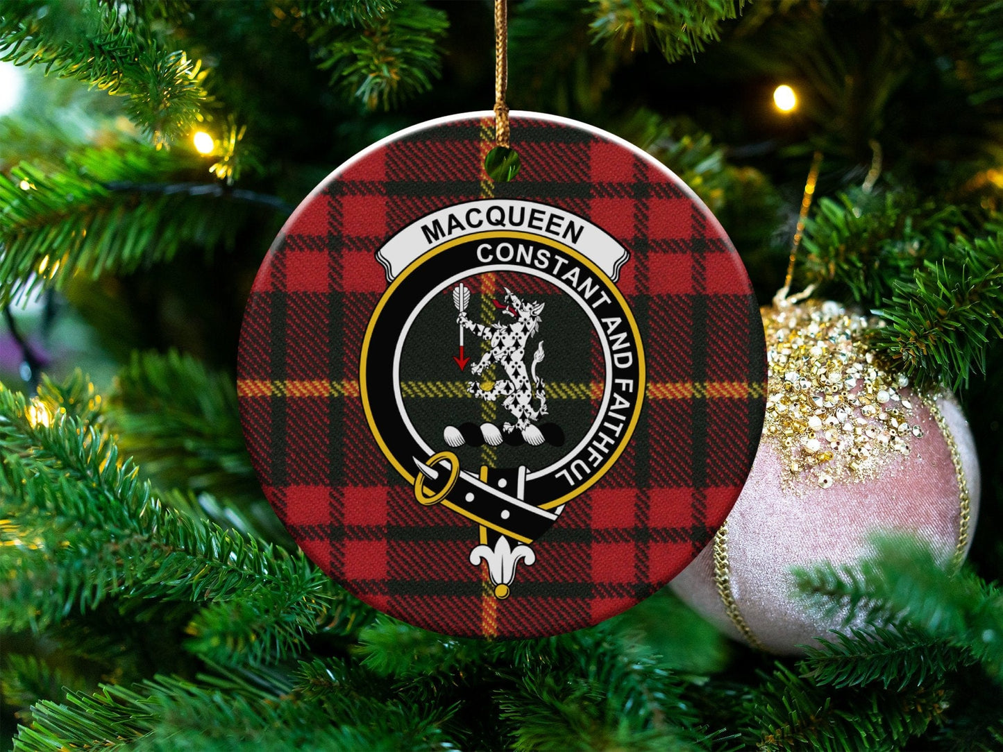 Physical Item 3" / White Macqueen Clan Crest Christmas Ornament on Tartan Background Ornaments