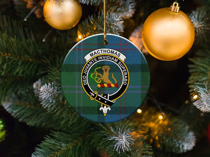 Physical Item 3" / White Macthomas Clan Crest Tartan Christmas Ceramic Ornaments