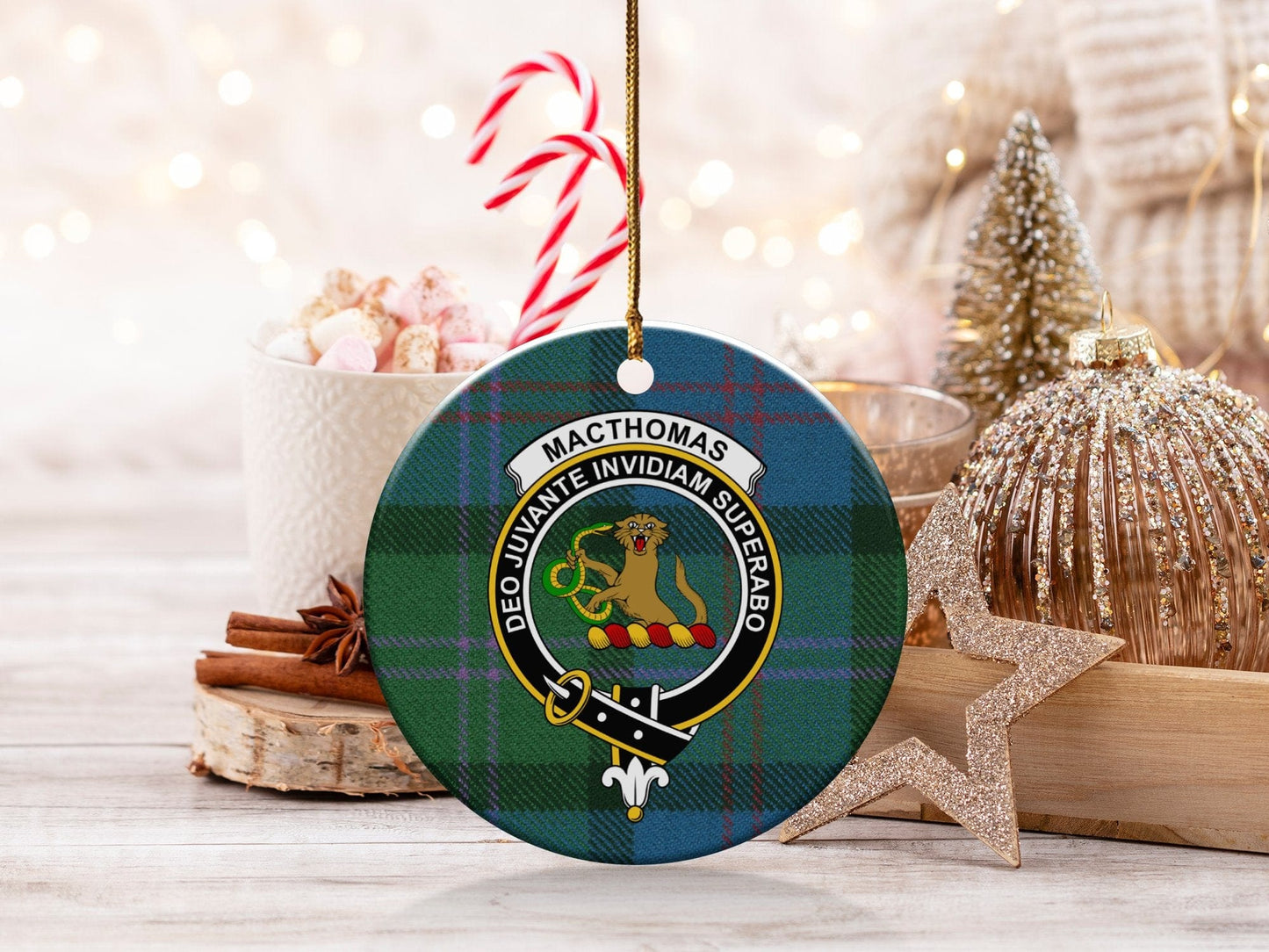 Physical Item 3" / White Macthomas Clan Crest Tartan Christmas Ceramic Ornaments