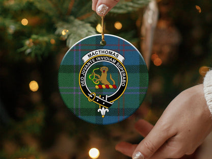 Physical Item 3" / White Macthomas Clan Crest Tartan Christmas Ceramic Ornaments