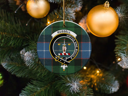 Physical Item 3" / White Russell Clan Crest Christmas Tartan Background Ornaments