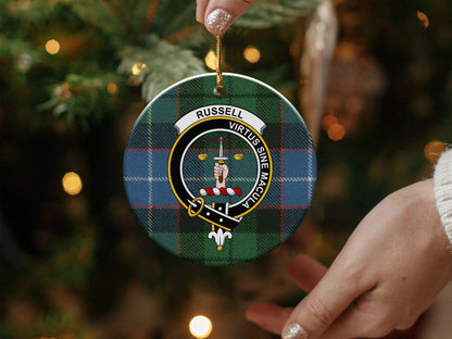 Physical Item 3" / White Russell Clan Crest Christmas Tartan Background Ornaments