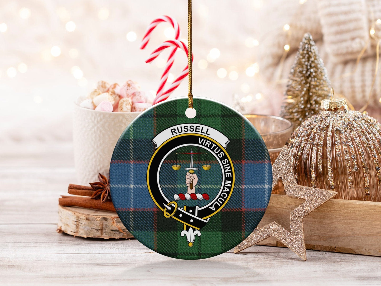 Physical Item 3" / White Russell Clan Crest Christmas Tartan Background Ornaments