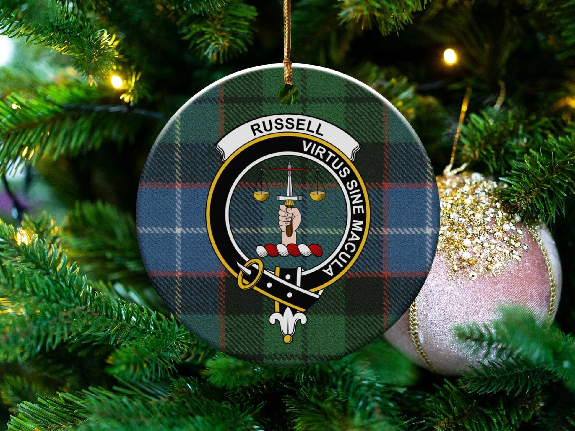 Physical Item 3" / White Russell Clan Crest Christmas Tartan Background Ornaments