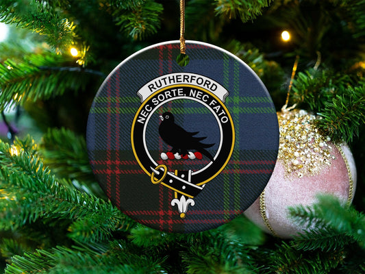 Physical Item 3" / White Rutherford Clan Ceramic Christmas Tartan Background Ornaments