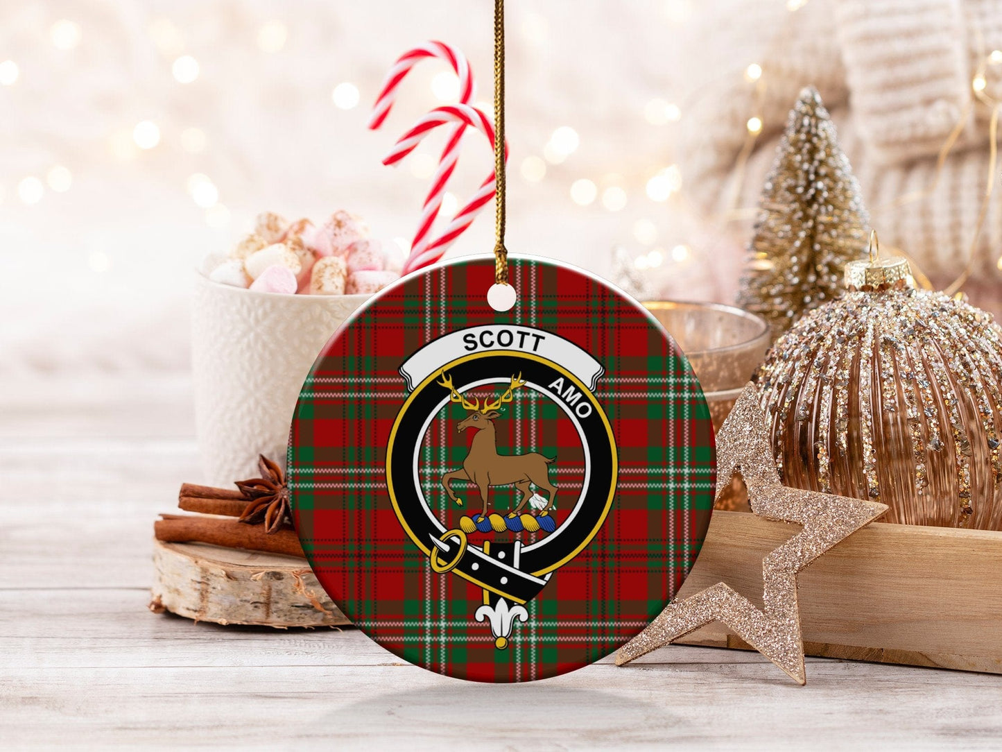 Physical Item 3" / White Scott Clan Crest Christmas Ceramic Tartan Ornaments