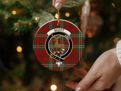 Physical Item 3" / White Scott Clan Crest Christmas Ceramic Tartan Ornaments