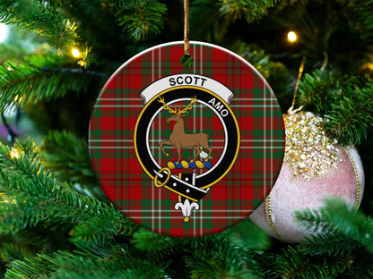 Physical Item 3" / White Scott Clan Crest Christmas Ceramic Tartan Ornaments